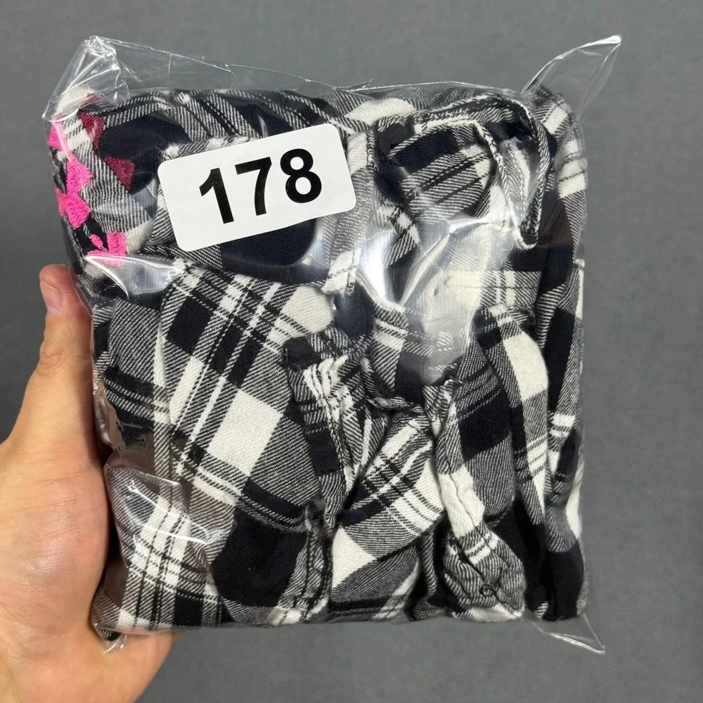 Justice Button Down Girls 14 Black White Plaid Pink Embroidered Flannel Shirt